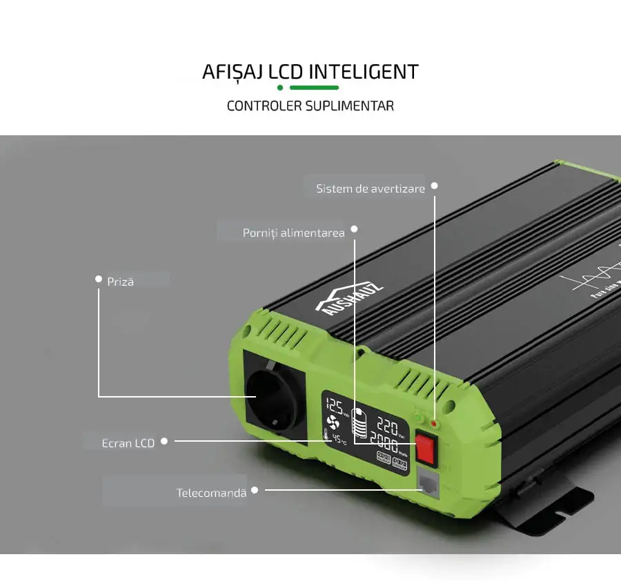 invertor 12-220 1800W - afișaj LCD intelligent, controler suplimentar, Sistem de avertizare, Întrerupător de alimentare, Telecomandă, Ecran LCD, Prize 2 buc.